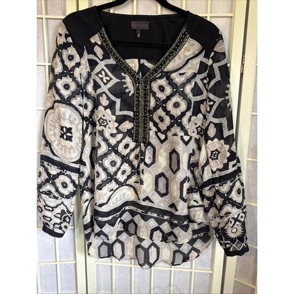 Hale Bob Luxury Designer Boho Silk Floral Print Beaded Neckline Sheer Blouse M - Picture 1 of 15